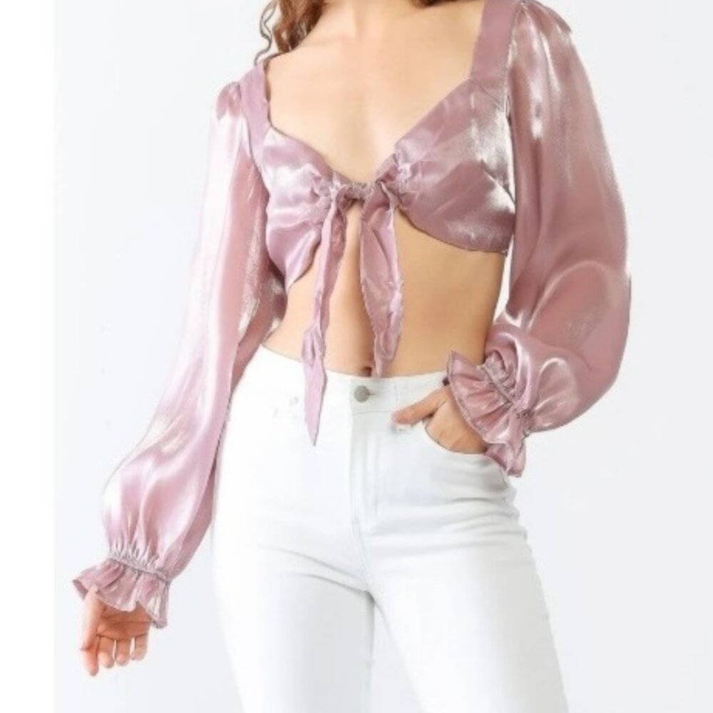 Organza Top, Cropped, Long Sleeve, Tie Front